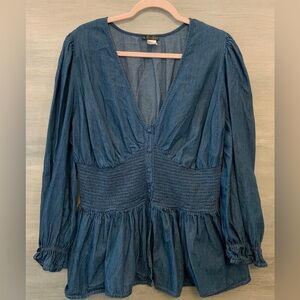 Venus Denim Blouse US Size 20 Shirred Corset‎ Waist VNeck Poof Sleeve Peplum GC